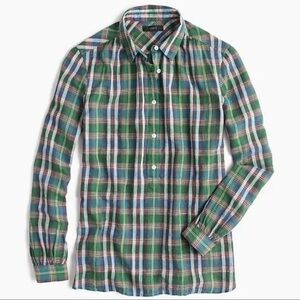 J Crew Womens Sz 2 Green Madras Plaid xs Gathered Popover Shirt Blouse Christmas